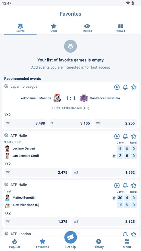 1xBet: Favorites tab and recommended events