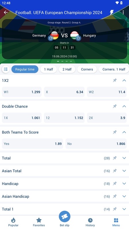 1xBet: betting markets for a football match