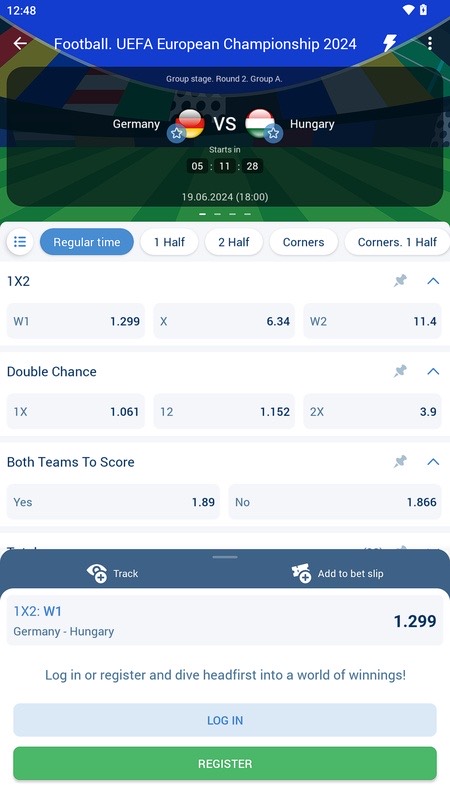 1xBet: odds for a match and a prompt to sign in