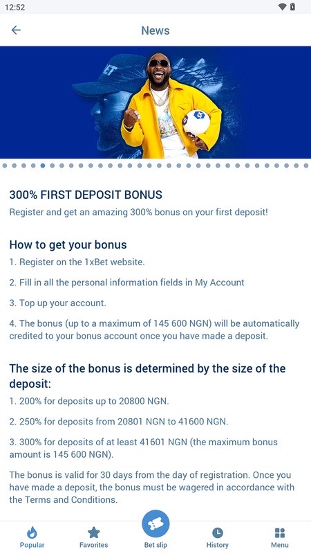 1xBet: first deposit bonus page