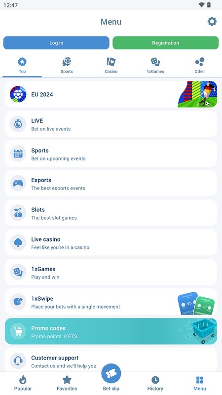 1xBet: main menu of the app