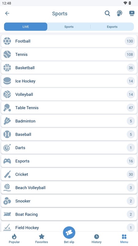 1xBet: list of live sports