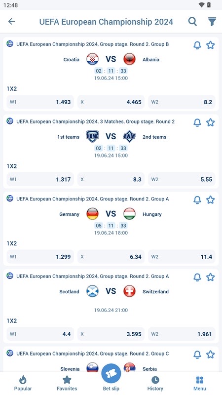 1xBet: pre-match events with odds