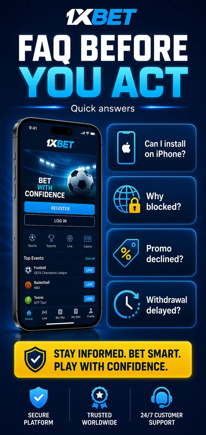 1xBet FAQ before-action infographic with questions on iPhone APK, Android blocks, pending deposit, KYC, cash out, promo code, unknown source and support